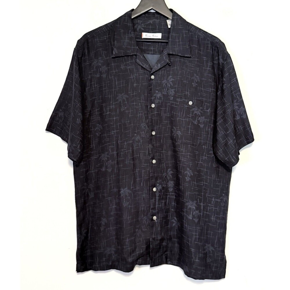 Vintage Burma Bibas 100% Silk Button-Up Sz M Gray Blue Palm Trees Geometric